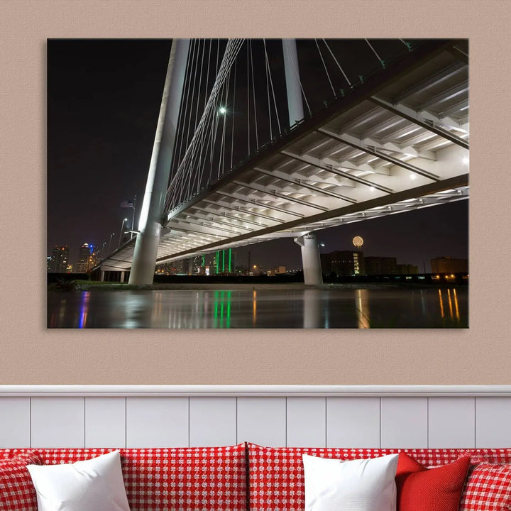 A modern living room showcases the "Dallas City Lights" night skyline cityscape as a triptych on museum-quality canvas. Enjoy the art's longevity with its UV-protective coating, all available with free shipping.