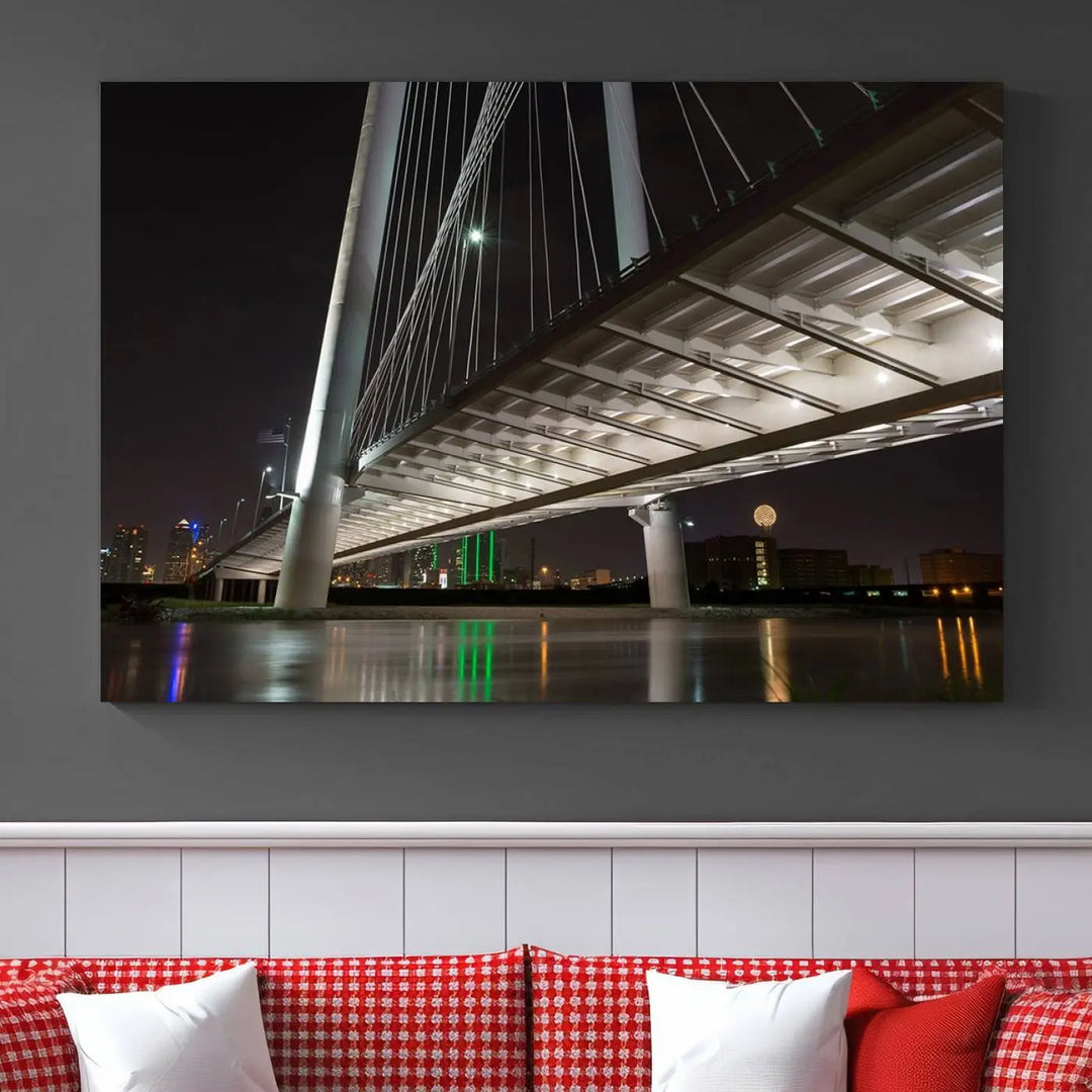 A modern living room showcases the "Dallas City Lights" night skyline cityscape as a triptych on museum-quality canvas. Enjoy the art's longevity with its UV-protective coating, all available with free shipping.