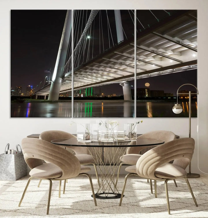 A modern living room showcases the "Dallas City Lights" night skyline cityscape as a triptych on museum-quality canvas. Enjoy the art's longevity with its UV-protective coating, all available with free shipping.