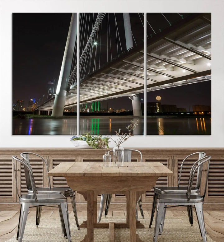 A modern living room showcases the "Dallas City Lights" night skyline cityscape as a triptych on museum-quality canvas. Enjoy the art's longevity with its UV-protective coating, all available with free shipping.