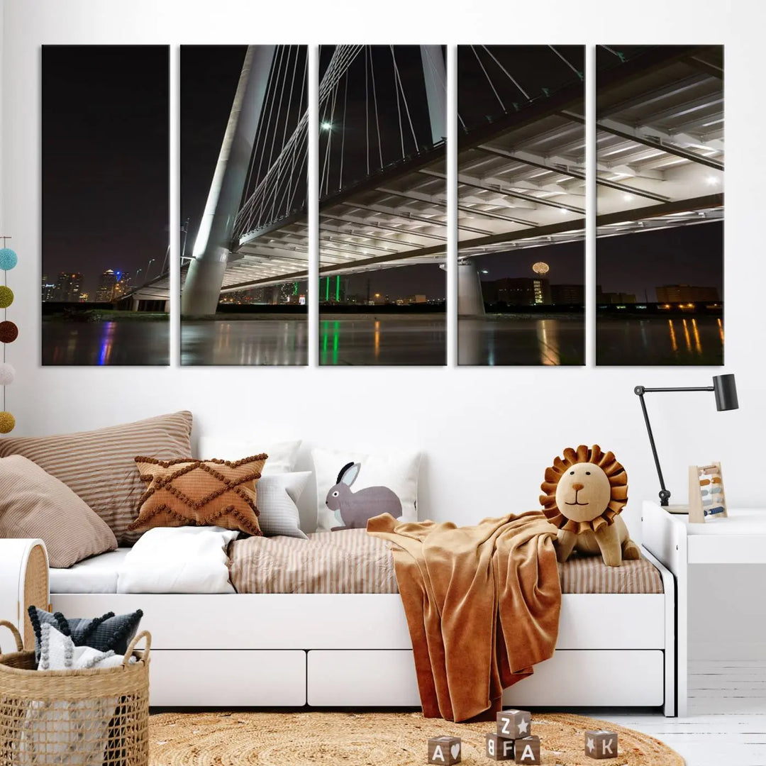 A modern living room showcases the "Dallas City Lights" night skyline cityscape as a triptych on museum-quality canvas. Enjoy the art's longevity with its UV-protective coating, all available with free shipping.