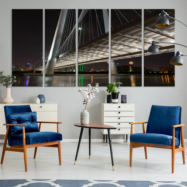 A modern living room showcases the "Dallas City Lights" night skyline cityscape as a triptych on museum-quality canvas. Enjoy the art's longevity with its UV-protective coating, all available with free shipping.