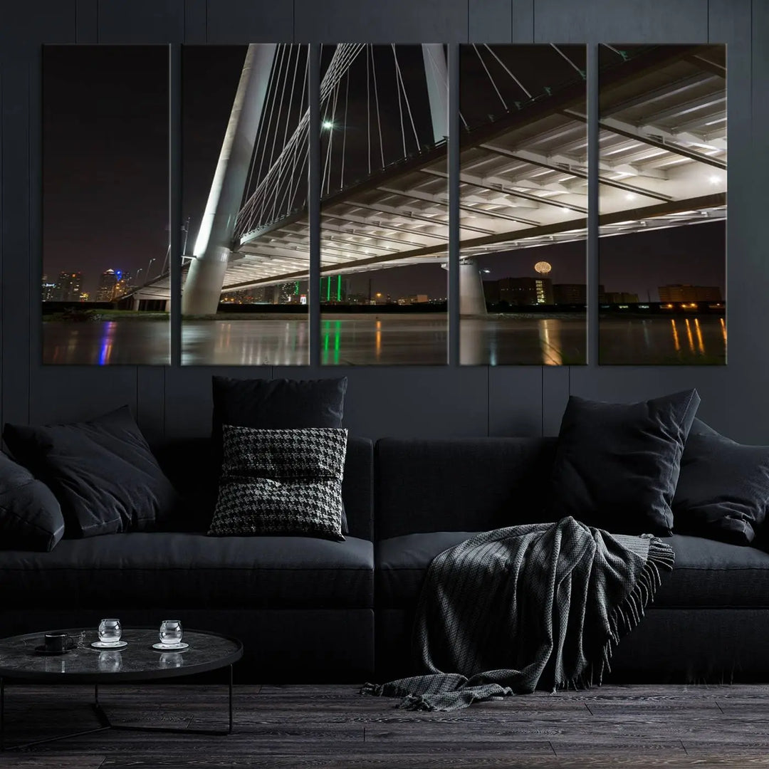 A modern living room showcases the "Dallas City Lights" night skyline cityscape as a triptych on museum-quality canvas. Enjoy the art's longevity with its UV-protective coating, all available with free shipping.