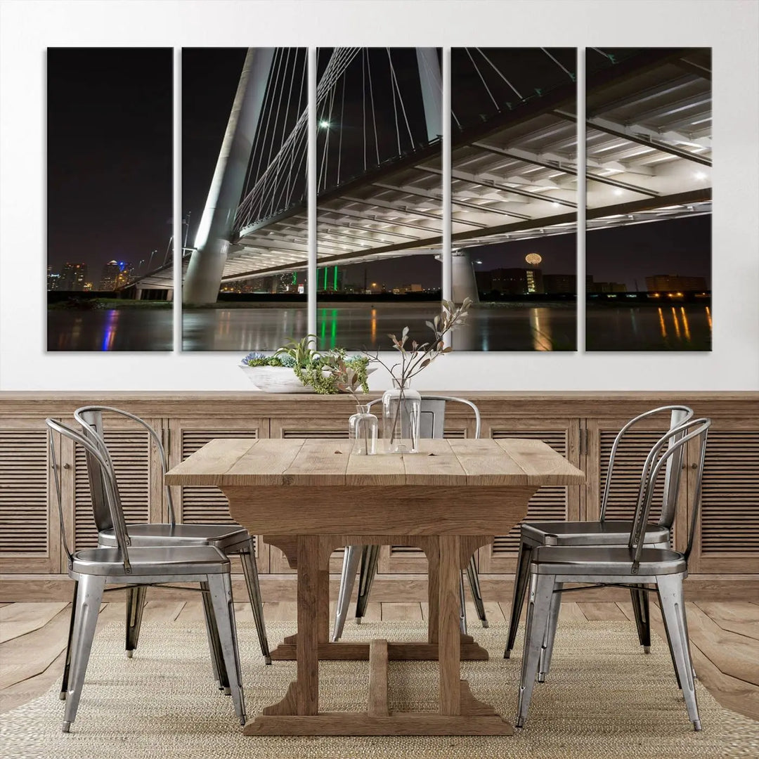 A modern living room showcases the "Dallas City Lights" night skyline cityscape as a triptych on museum-quality canvas. Enjoy the art's longevity with its UV-protective coating, all available with free shipping.