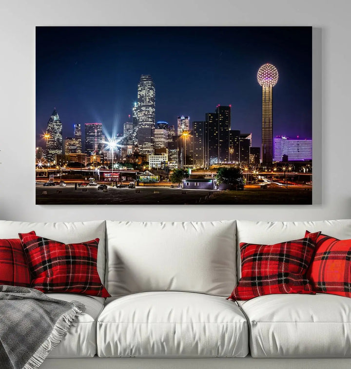 A living room showcases the Dallas City Lights Night Skyline Cityscape View Wall Art Canvas Print, a triptych photo of a city skyline at night on museum-quality canvas that is ready to hang.