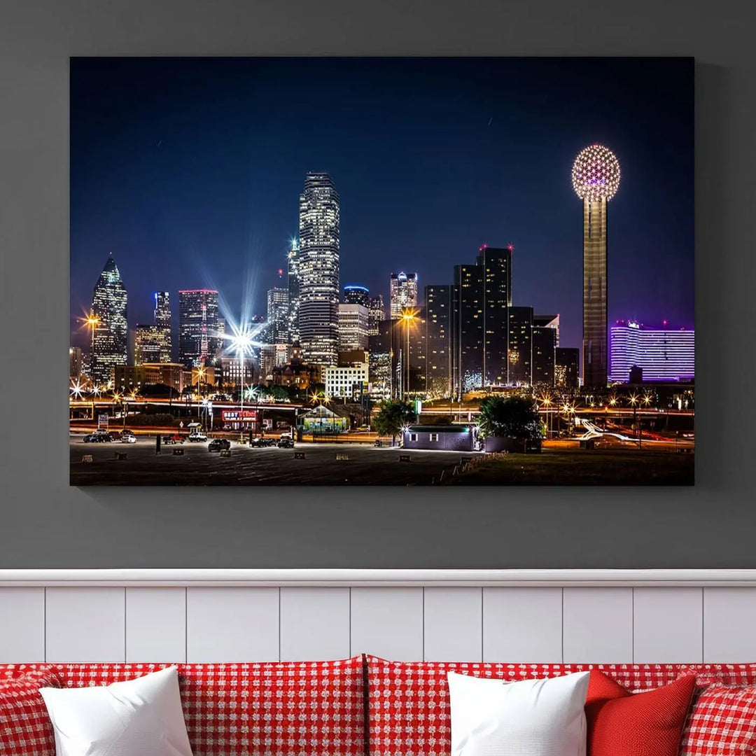 A living room showcases the Dallas City Lights Night Skyline Cityscape View Wall Art Canvas Print, a triptych photo of a city skyline at night on museum-quality canvas that is ready to hang.