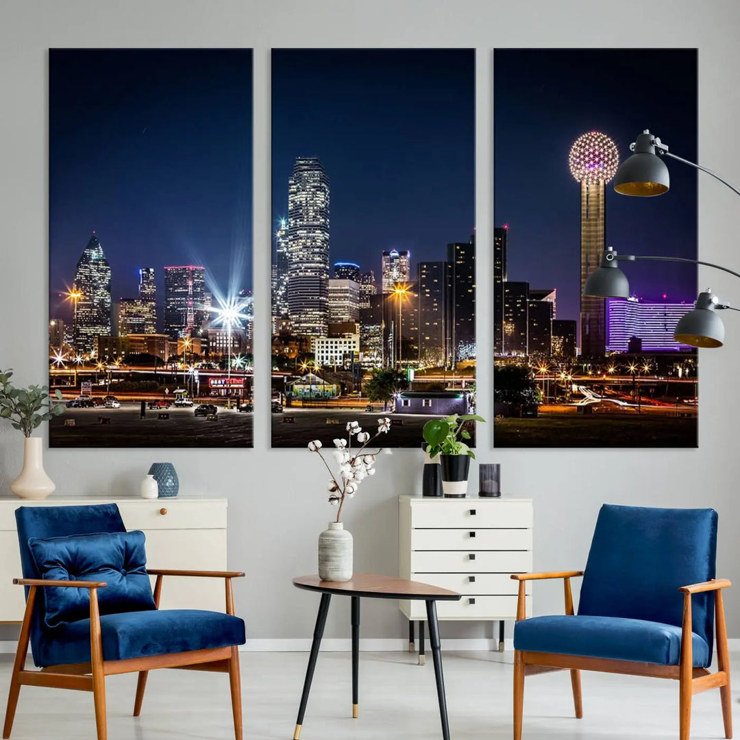 A living room showcases the Dallas City Lights Night Skyline Cityscape View Wall Art Canvas Print, a triptych photo of a city skyline at night on museum-quality canvas that is ready to hang.