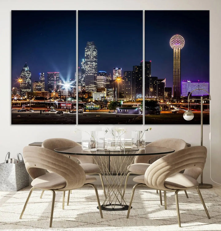 A living room showcases the Dallas City Lights Night Skyline Cityscape View Wall Art Canvas Print, a triptych photo of a city skyline at night on museum-quality canvas that is ready to hang.