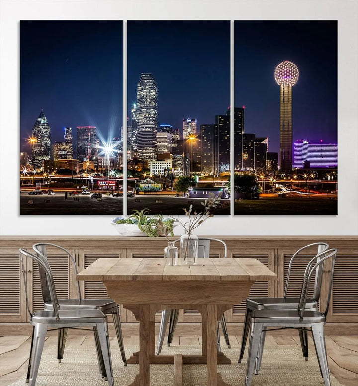 A living room showcases the Dallas City Lights Night Skyline Cityscape View Wall Art Canvas Print, a triptych photo of a city skyline at night on museum-quality canvas that is ready to hang.