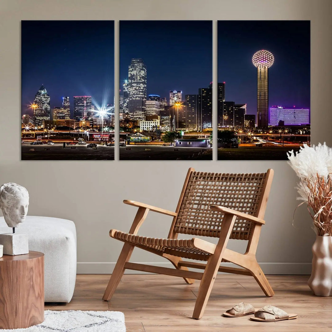 A living room showcases the Dallas City Lights Night Skyline Cityscape View Wall Art Canvas Print, a triptych photo of a city skyline at night on museum-quality canvas that is ready to hang.