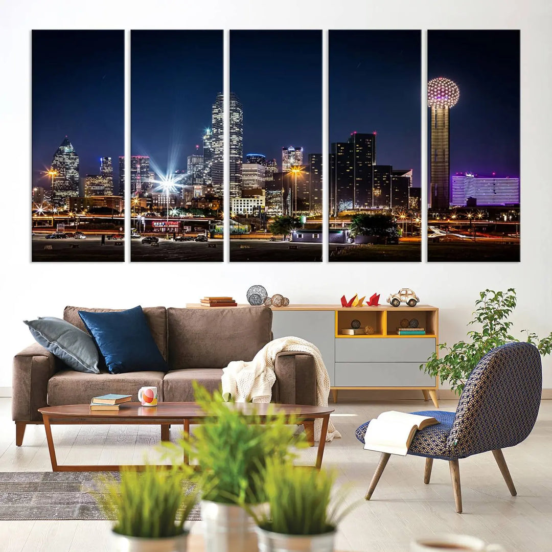 A living room showcases the Dallas City Lights Night Skyline Cityscape View Wall Art Canvas Print, a triptych photo of a city skyline at night on museum-quality canvas that is ready to hang.