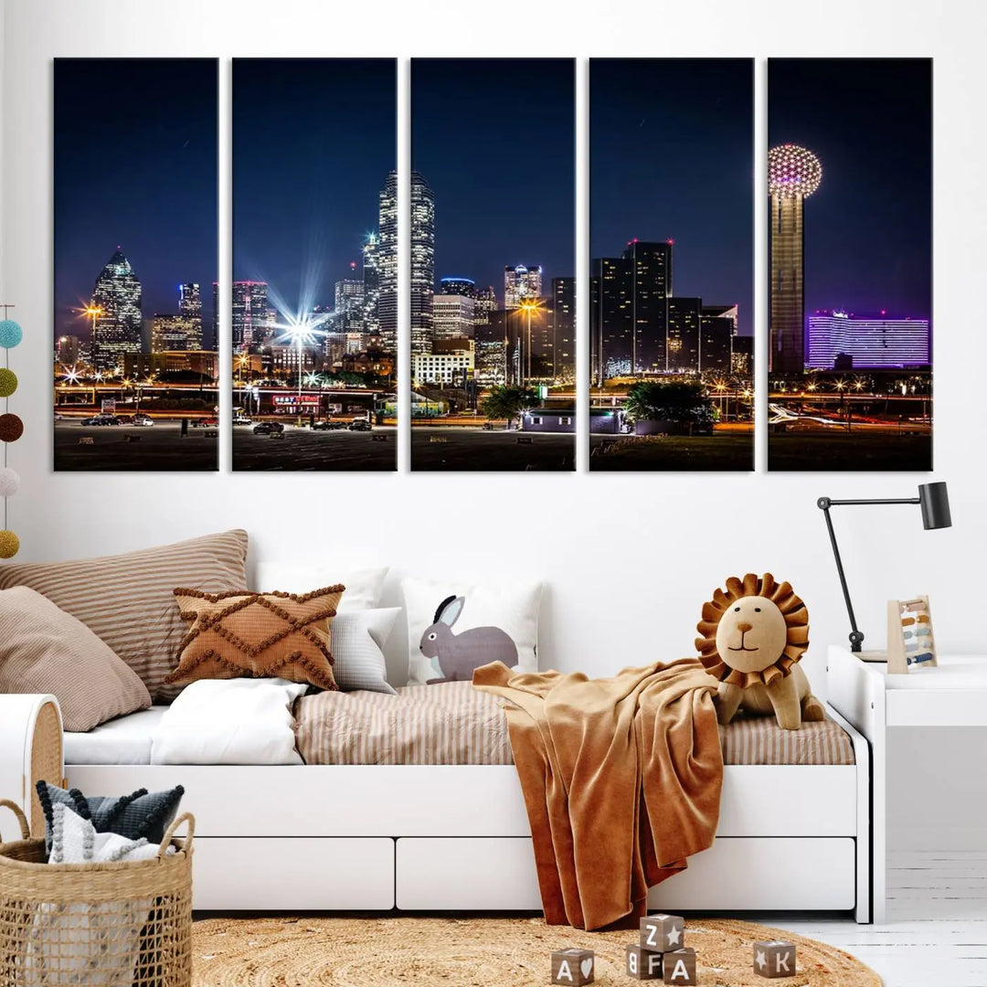 A living room showcases the Dallas City Lights Night Skyline Cityscape View Wall Art Canvas Print, a triptych photo of a city skyline at night on museum-quality canvas that is ready to hang.