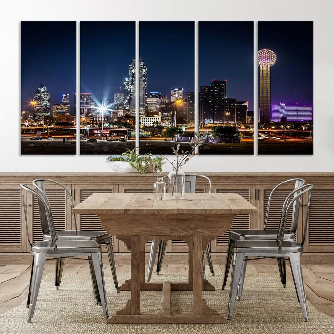 A living room showcases the Dallas City Lights Night Skyline Cityscape View Wall Art Canvas Print, a triptych photo of a city skyline at night on museum-quality canvas that is ready to hang.