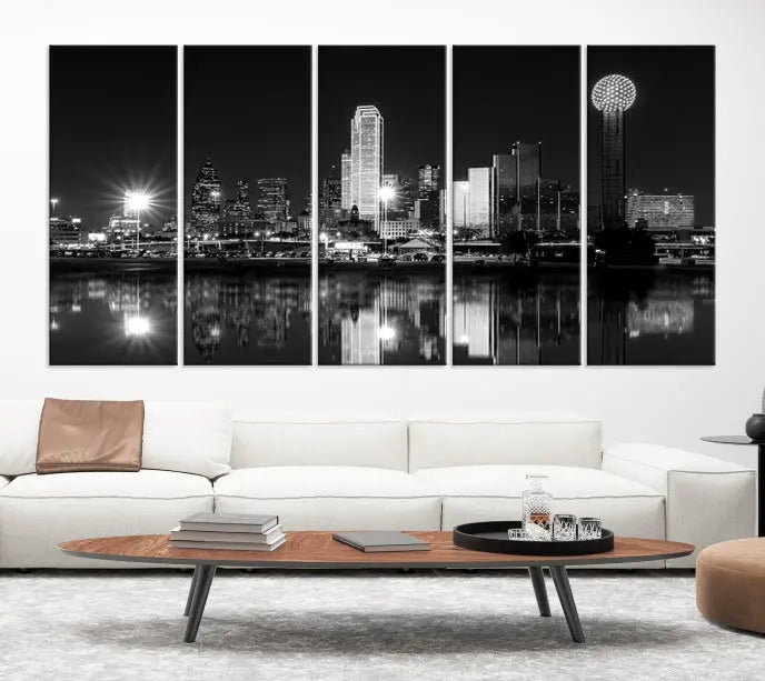 The Dallas City Lights Skyline Black and White Wall Art Cityscape Canvas Print, featuring a UV-protective coating for lasting beauty, graces the wall in a modern living room.