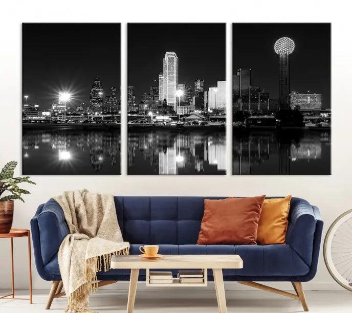 The Dallas City Lights Skyline Black and White Wall Art Cityscape Canvas Print, featuring a UV-protective coating for lasting beauty, graces the wall in a modern living room.