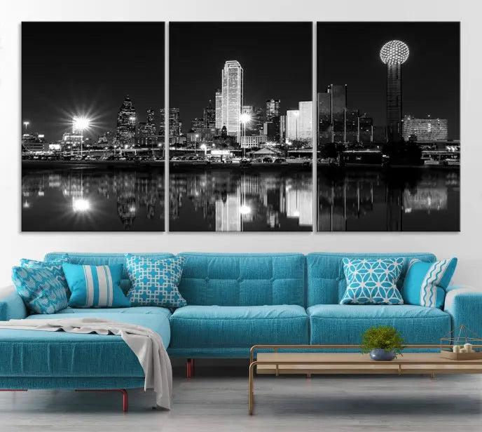 Dallas City Lights Skyline Black and White Wall Art Cityscape Canvas Print 