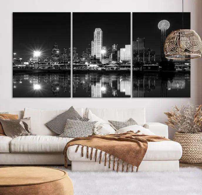 The Dallas City Lights Skyline Black and White Wall Art Cityscape Canvas Print, featuring a UV-protective coating for lasting beauty, graces the wall in a modern living room.