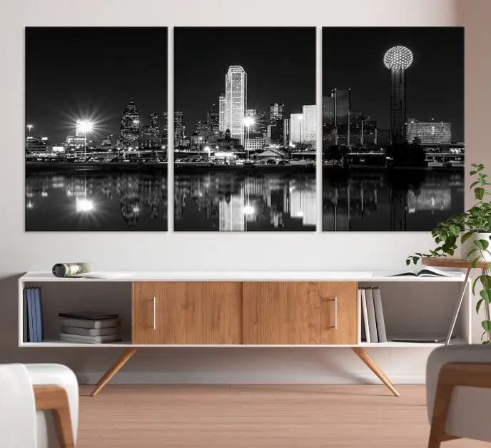 The Dallas City Lights Skyline Black and White Wall Art Cityscape Canvas Print, featuring a UV-protective coating for lasting beauty, graces the wall in a modern living room.