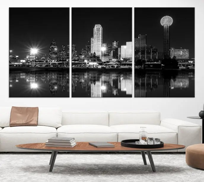 The Dallas City Lights Skyline Black and White Wall Art Cityscape Canvas Print, featuring a UV-protective coating for lasting beauty, graces the wall in a modern living room.