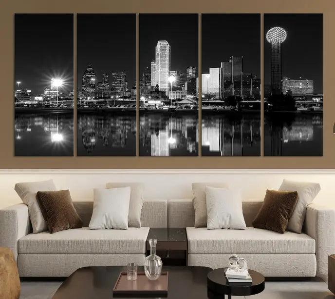 The Dallas City Lights Skyline Black and White Wall Art Cityscape Canvas Print, featuring a UV-protective coating for lasting beauty, graces the wall in a modern living room.