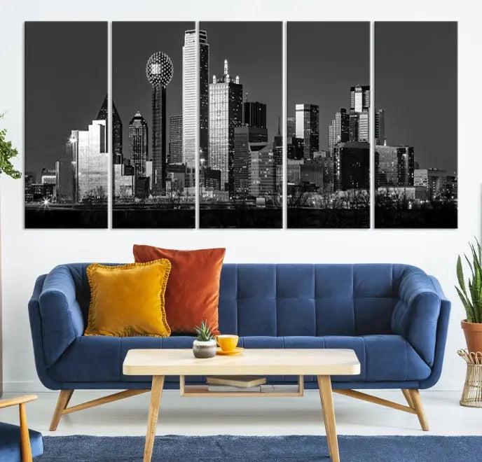 The Dallas City Lights Skyline Black and White Wall Art Cityscape Canvas Print, crafted on museum-quality canvas with a UV-protective coating, is a ready-to-hang masterpiece.