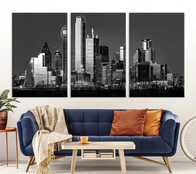 The Dallas City Lights Skyline Black and White Wall Art Cityscape Canvas Print, crafted on museum-quality canvas with a UV-protective coating, is a ready-to-hang masterpiece.