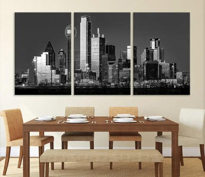 The Dallas City Lights Skyline Black and White Wall Art Cityscape Canvas Print, crafted on museum-quality canvas with a UV-protective coating, is a ready-to-hang masterpiece.