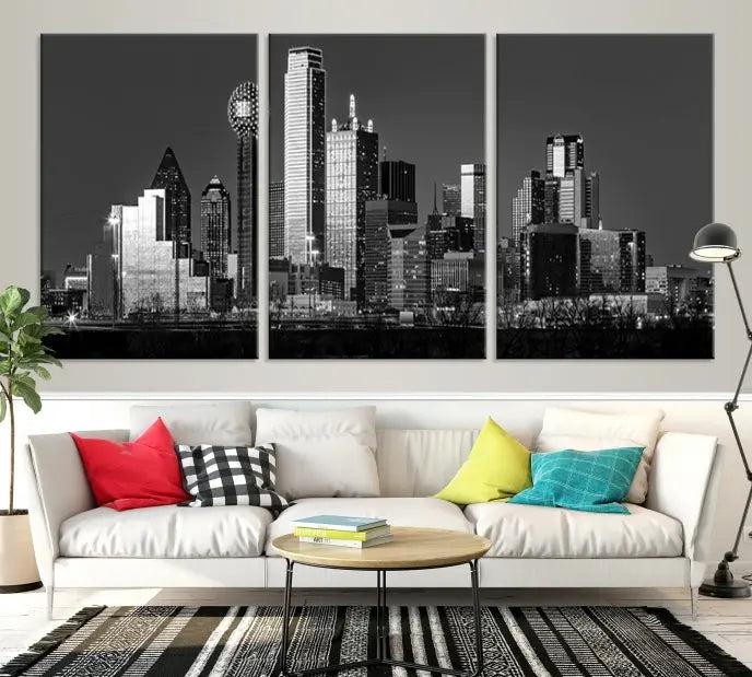 The Dallas City Lights Skyline Black and White Wall Art Cityscape Canvas Print, crafted on museum-quality canvas with a UV-protective coating, is a ready-to-hang masterpiece.