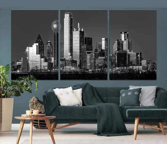 The Dallas City Lights Skyline Black and White Wall Art Cityscape Canvas Print, crafted on museum-quality canvas with a UV-protective coating, is a ready-to-hang masterpiece.