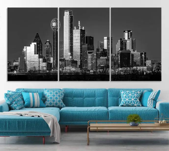 The Dallas City Lights Skyline Black and White Wall Art Cityscape Canvas Print, crafted on museum-quality canvas with a UV-protective coating, is a ready-to-hang masterpiece.