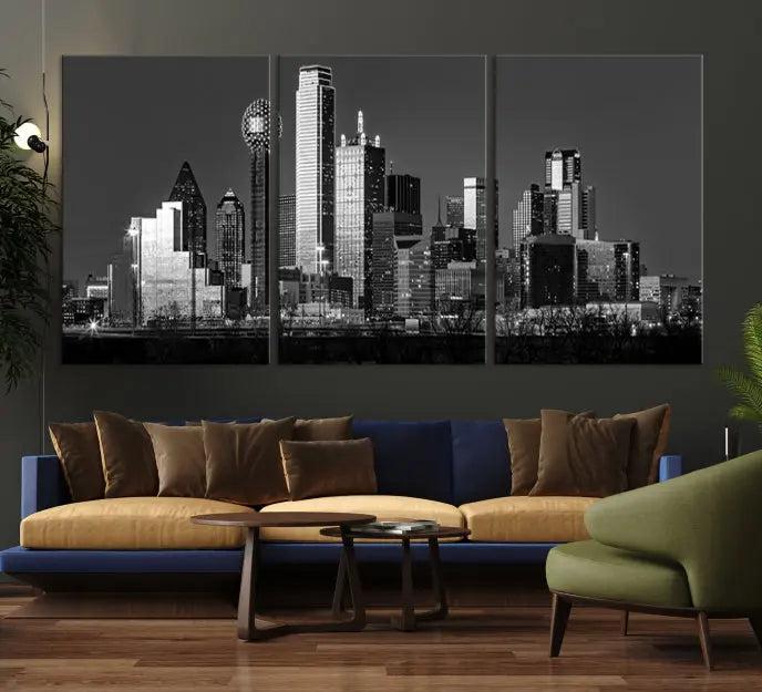 The Dallas City Lights Skyline Black and White Wall Art Cityscape Canvas Print, crafted on museum-quality canvas with a UV-protective coating, is a ready-to-hang masterpiece.