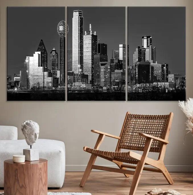 The Dallas City Lights Skyline Black and White Wall Art Cityscape Canvas Print, crafted on museum-quality canvas with a UV-protective coating, is a ready-to-hang masterpiece.