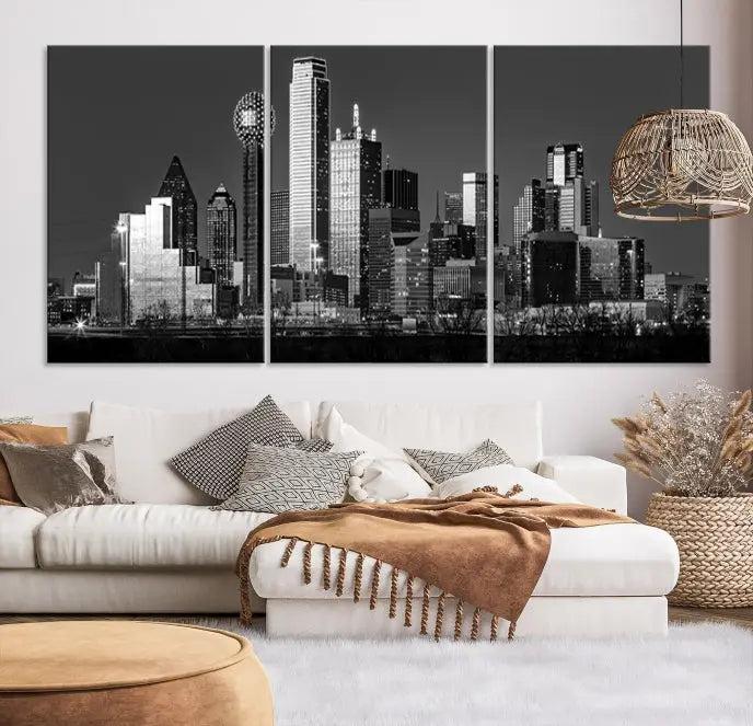 The Dallas City Lights Skyline Black and White Wall Art Cityscape Canvas Print, crafted on museum-quality canvas with a UV-protective coating, is a ready-to-hang masterpiece.