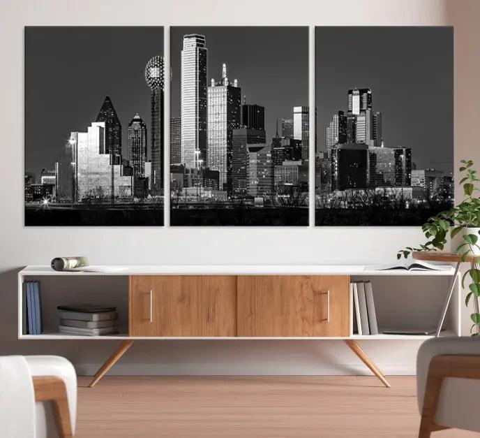 The Dallas City Lights Skyline Black and White Wall Art Cityscape Canvas Print, crafted on museum-quality canvas with a UV-protective coating, is a ready-to-hang masterpiece.