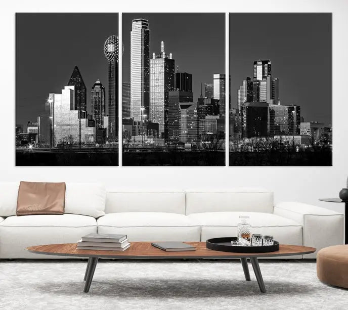 The Dallas City Lights Skyline Black and White Wall Art Cityscape Canvas Print, crafted on museum-quality canvas with a UV-protective coating, is a ready-to-hang masterpiece.