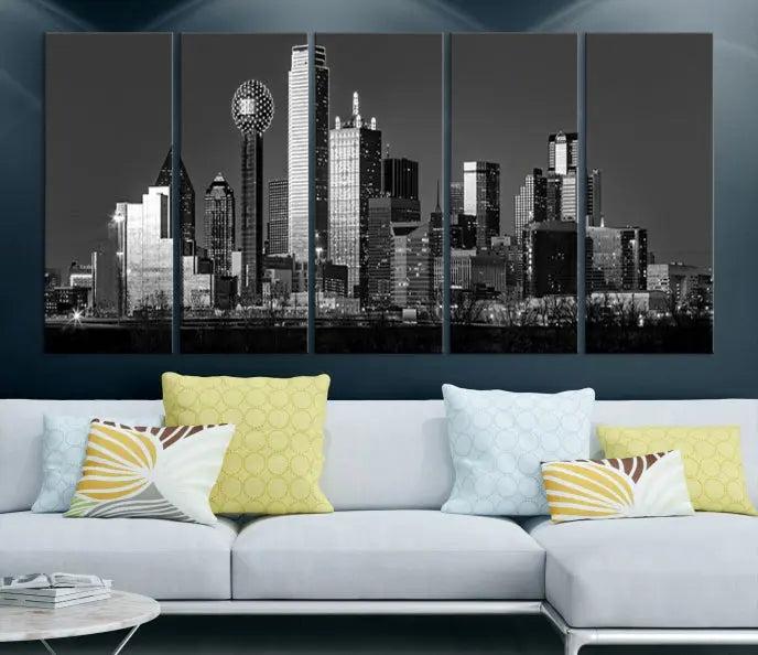 The Dallas City Lights Skyline Black and White Wall Art Cityscape Canvas Print, crafted on museum-quality canvas with a UV-protective coating, is a ready-to-hang masterpiece.