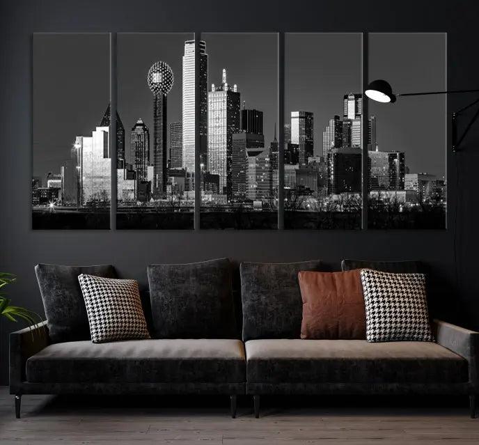 Dallas City Lights Skyline Black and White Wall Art Cityscape Canvas Print 