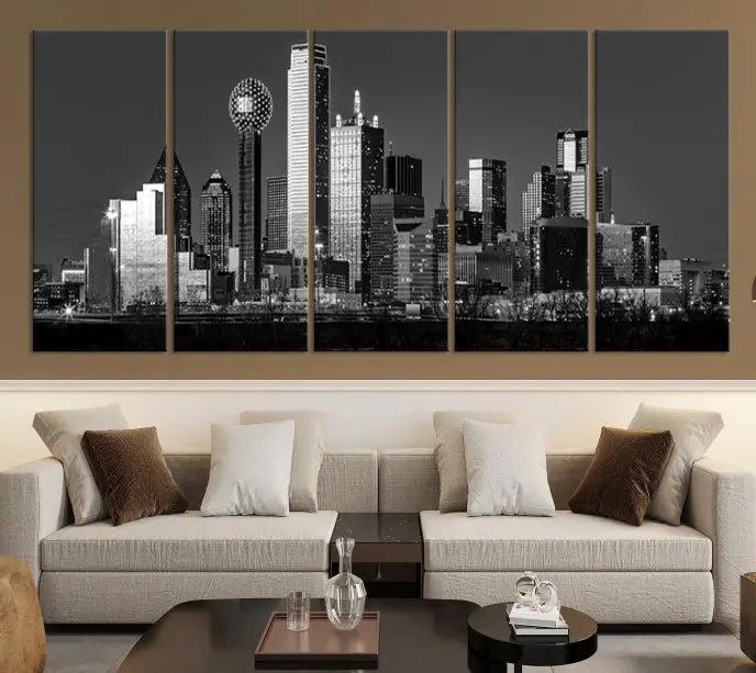 Dallas City Lights Skyline Black and White Wall Art Cityscape Canvas Print 