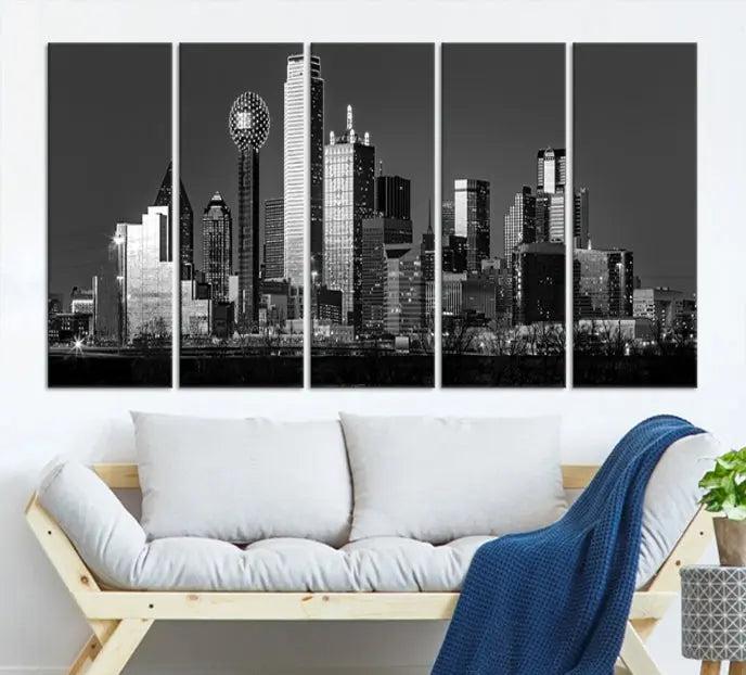 The Dallas City Lights Skyline Black and White Wall Art Cityscape Canvas Print, crafted on museum-quality canvas with a UV-protective coating, is a ready-to-hang masterpiece.