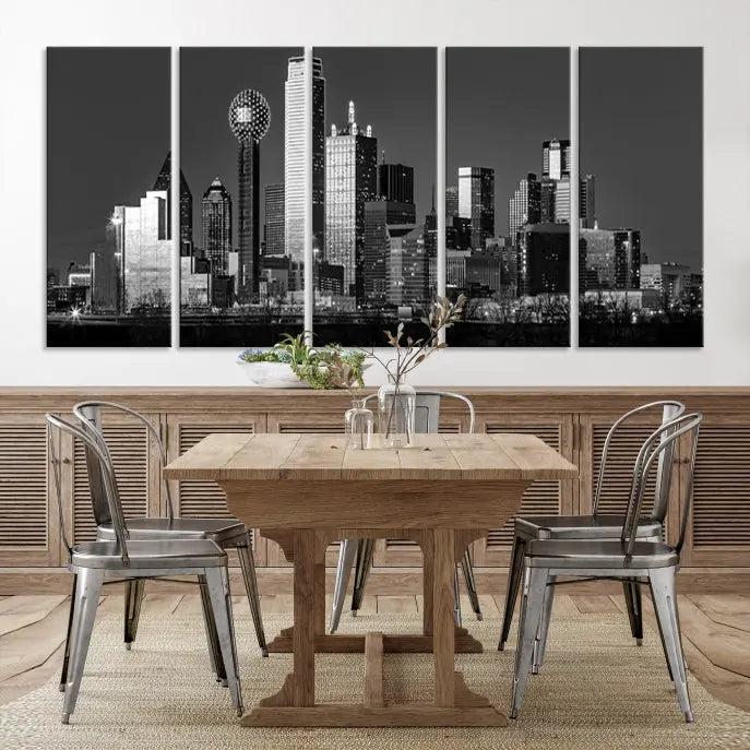 The Dallas City Lights Skyline Black and White Wall Art Cityscape Canvas Print, crafted on museum-quality canvas with a UV-protective coating, is a ready-to-hang masterpiece.