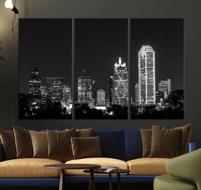 The "Dallas City Lights Skyline Black and White Wall Art Cityscape Canvas Print" graces the wall, elegantly encased in a hand-assembled frame. This masterpiece is printed on museum-quality canvas and features a UV-protective coating to preserve its enduring brilliance.