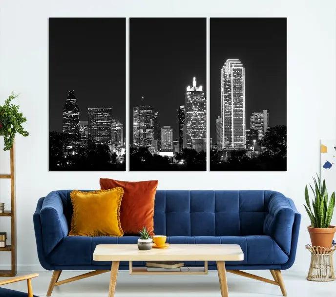 The "Dallas City Lights Skyline Black and White Wall Art Cityscape Canvas Print" graces the wall, elegantly encased in a hand-assembled frame. This masterpiece is printed on museum-quality canvas and features a UV-protective coating to preserve its enduring brilliance.