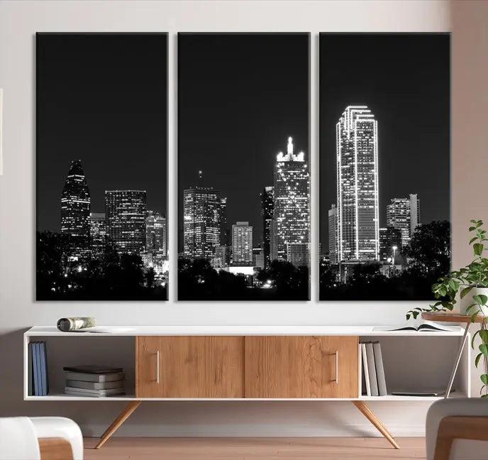 The "Dallas City Lights Skyline Black and White Wall Art Cityscape Canvas Print" graces the wall, elegantly encased in a hand-assembled frame. This masterpiece is printed on museum-quality canvas and features a UV-protective coating to preserve its enduring brilliance.