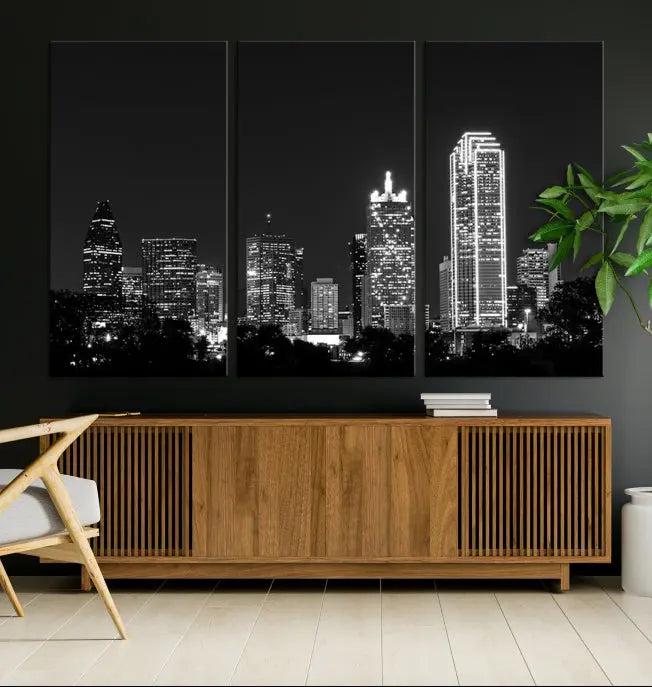 The "Dallas City Lights Skyline Black and White Wall Art Cityscape Canvas Print" graces the wall, elegantly encased in a hand-assembled frame. This masterpiece is printed on museum-quality canvas and features a UV-protective coating to preserve its enduring brilliance.