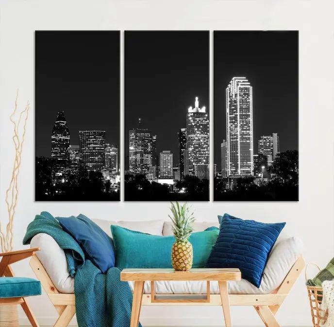 The "Dallas City Lights Skyline Black and White Wall Art Cityscape Canvas Print" graces the wall, elegantly encased in a hand-assembled frame. This masterpiece is printed on museum-quality canvas and features a UV-protective coating to preserve its enduring brilliance.