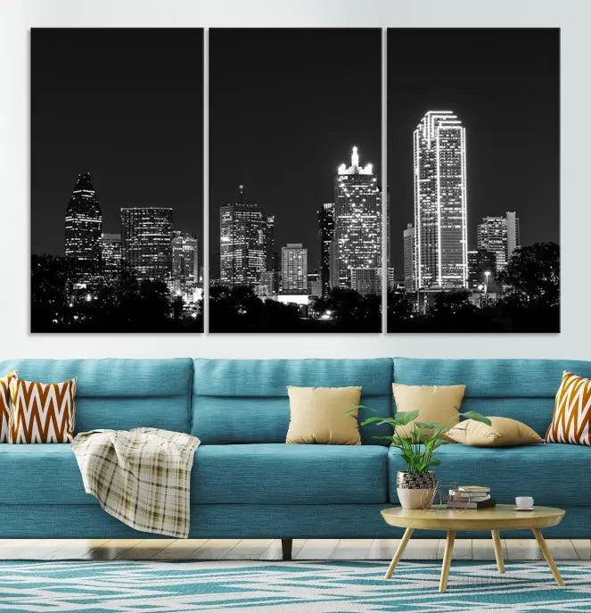 The "Dallas City Lights Skyline Black and White Wall Art Cityscape Canvas Print" graces the wall, elegantly encased in a hand-assembled frame. This masterpiece is printed on museum-quality canvas and features a UV-protective coating to preserve its enduring brilliance.