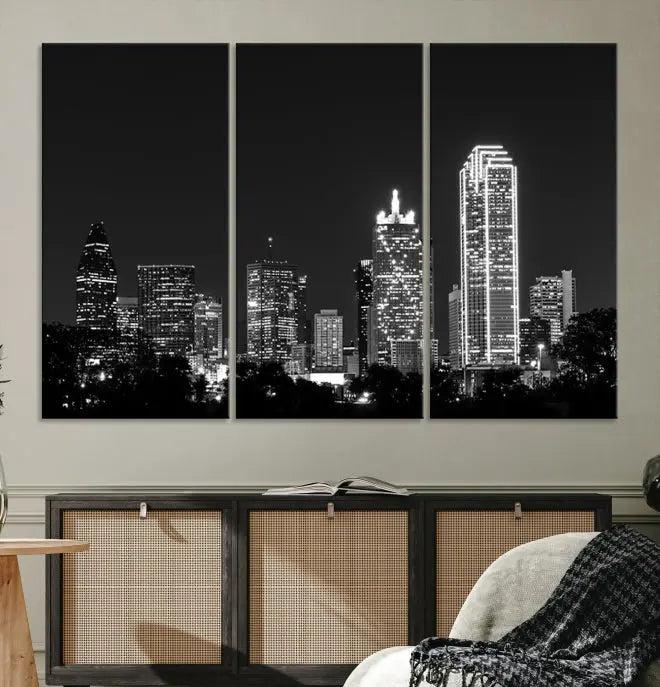 The "Dallas City Lights Skyline Black and White Wall Art Cityscape Canvas Print" graces the wall, elegantly encased in a hand-assembled frame. This masterpiece is printed on museum-quality canvas and features a UV-protective coating to preserve its enduring brilliance.