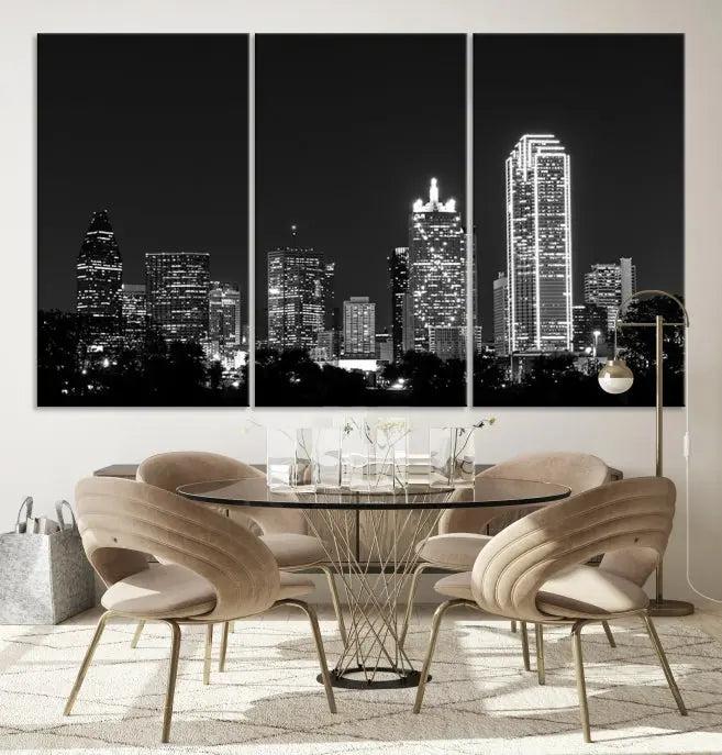 The "Dallas City Lights Skyline Black and White Wall Art Cityscape Canvas Print" graces the wall, elegantly encased in a hand-assembled frame. This masterpiece is printed on museum-quality canvas and features a UV-protective coating to preserve its enduring brilliance.