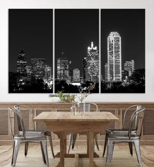 The "Dallas City Lights Skyline Black and White Wall Art Cityscape Canvas Print" graces the wall, elegantly encased in a hand-assembled frame. This masterpiece is printed on museum-quality canvas and features a UV-protective coating to preserve its enduring brilliance.