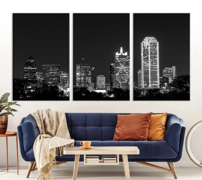 The "Dallas City Lights Skyline Black and White Wall Art Cityscape Canvas Print" graces the wall, elegantly encased in a hand-assembled frame. This masterpiece is printed on museum-quality canvas and features a UV-protective coating to preserve its enduring brilliance.